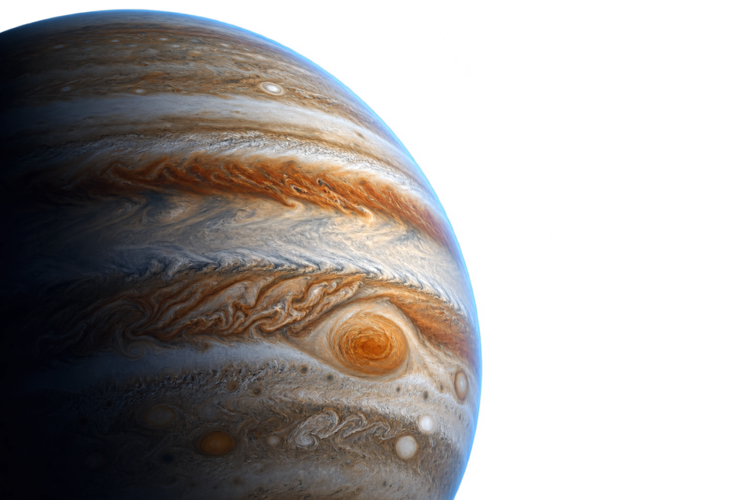 The planet Jupiter shown in a dramatic close view of its banded clouds and Great Red Spot